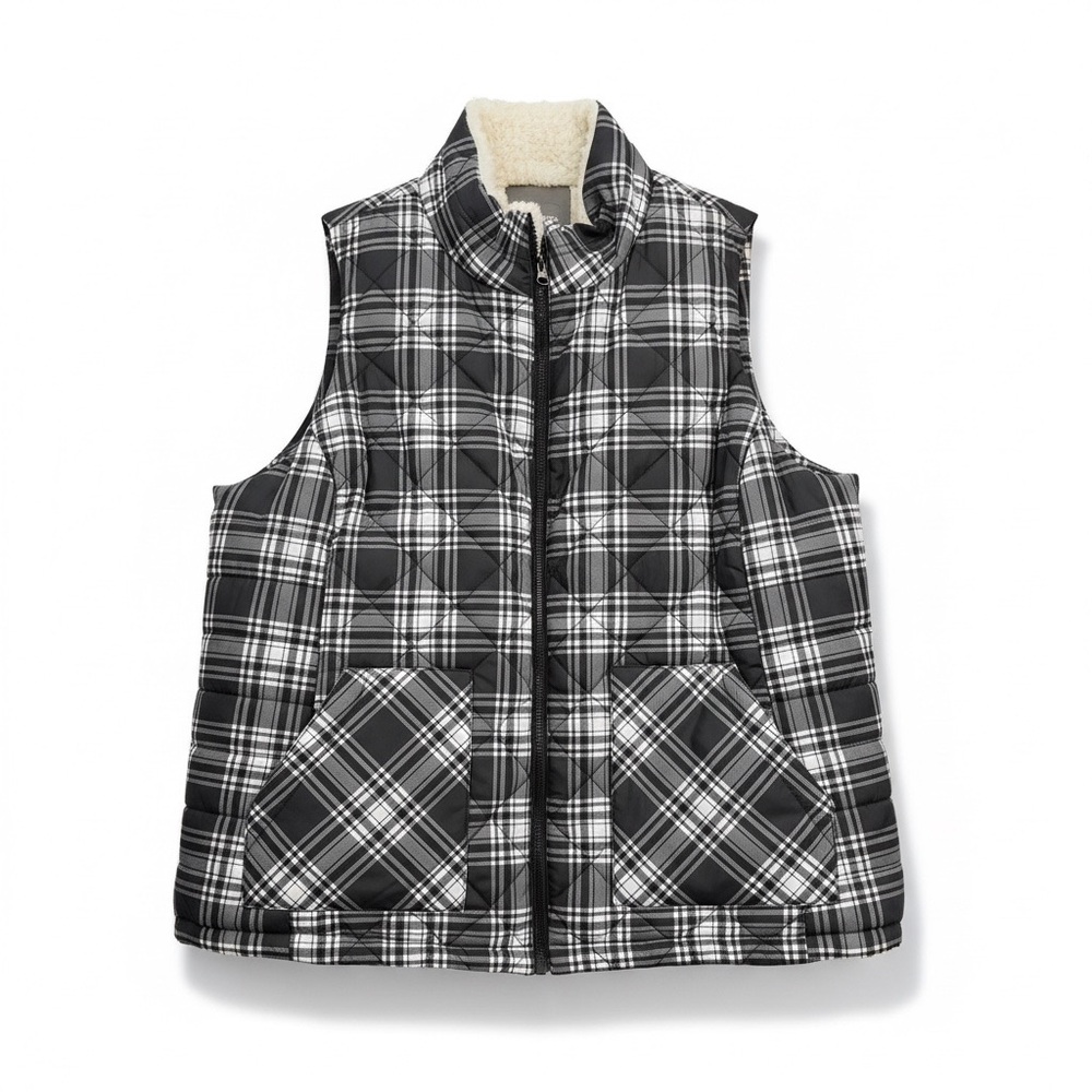 Maurice’s Black White Plaid Sherpa Lined Quilted Puffer Vest | Plus 2 (2X)